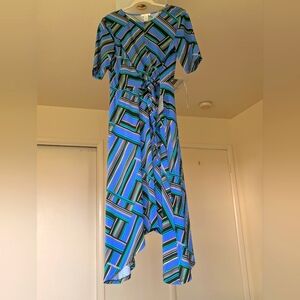 London Times Blue and Green Geometric Wrap Dress Size 10